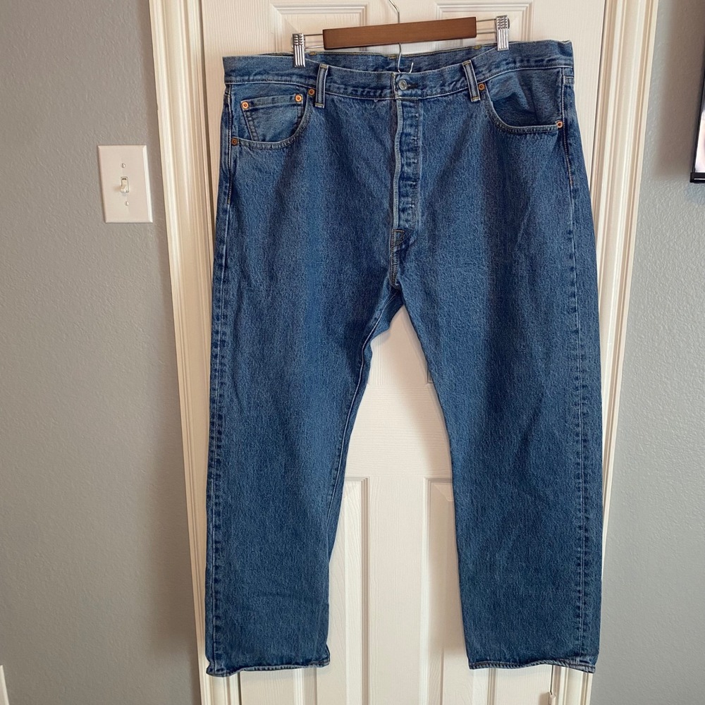 Levis 501 Mens Blue Medium Wash Straight Leg Button Fly Denim Jeans 42x30
